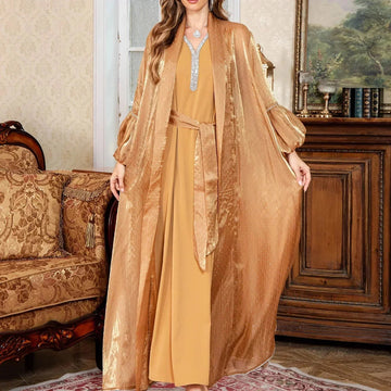 elegant two-piece dress set | premium chiffon fabric | floor-length abaya dress | ultrasonic cleaning