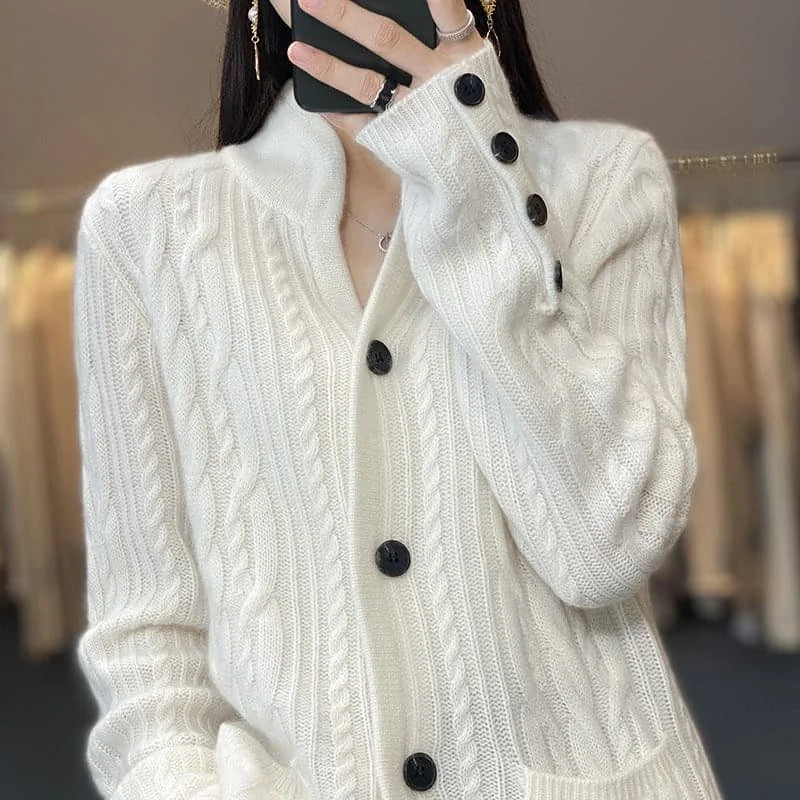 pure wool cardigan | stand collar sweater | loose knitted coat | energy saving