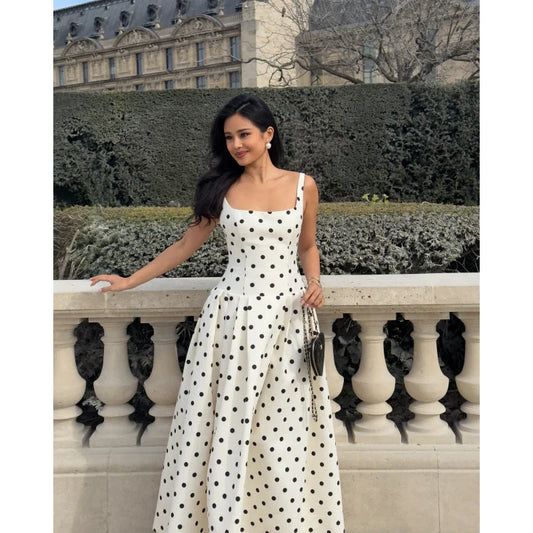 Square Collar Polka-dot Cinched Pleated Large Swing Sling Dress