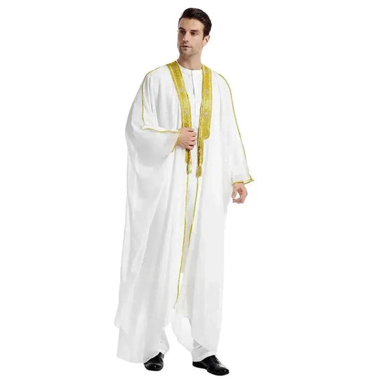 long sleeve chiffon robe | embroidered mens arabic robe | golden ball tassel details | ultrasonic cleaning