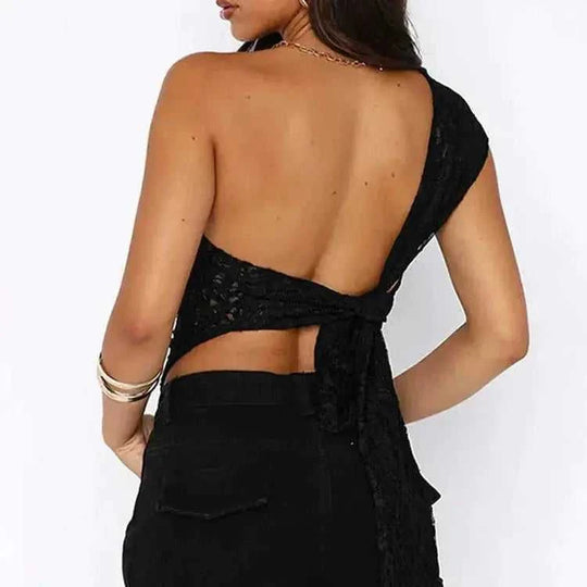 Ins Lace Backless Top Summer Solid Color Waistless Asymmetrical Sloped Neck Vest Streetwear Womens Clothes White - availab...