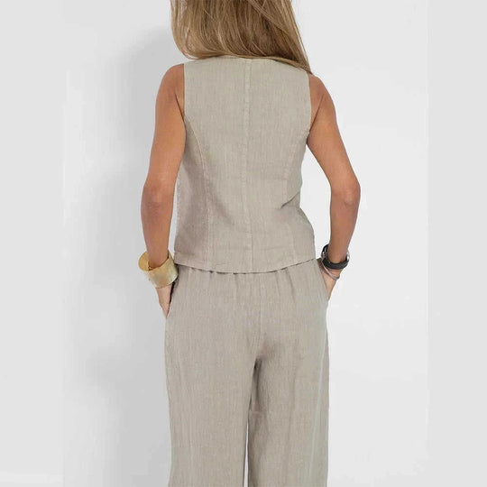 lightweight linen blend fabric | high-waisted wide-leg trousers | breathable sleeveless vest top | ultrasonic cleaning