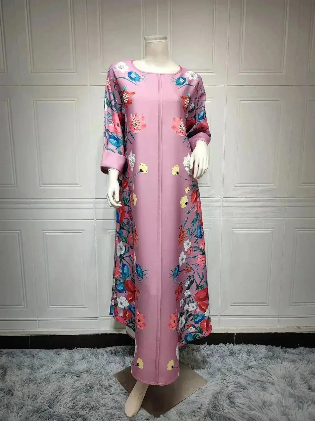 rhinestone print maxi dress | long sleeve positioning print robe | polyester chiffon muslim dress | ultrasonic cleaning