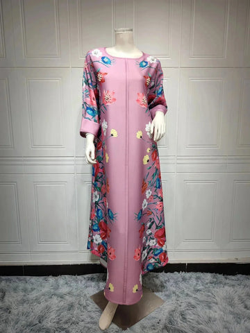 rhinestone print maxi dress | long sleeve positioning print robe | polyester chiffon muslim dress | ultrasonic cleaning