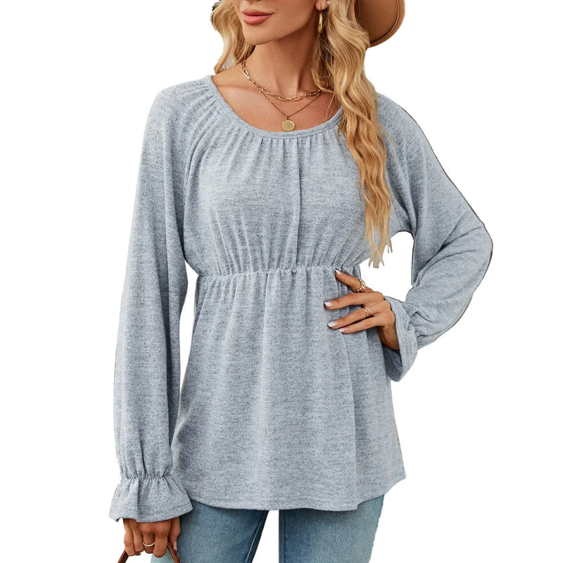 Women's Solid Color Round Neck Loose Long-sleeved T-shirt Meifu Market