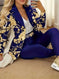 2025 New Women's Elegant High-end Printed, Chain Printed Slim Fit Suit Jacket And Pure Blue Leggings, Suit Two-piece Set, Machine Washable, All Season Fashionable Meifu Market