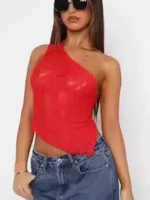Ins Lace Backless Top Summer Solid Color Waistless Asymmetrical Sloped Neck Vest Streetwear Womens Clothes White - ins lac...
