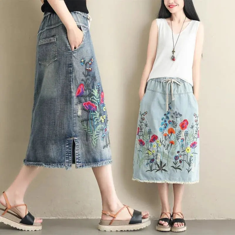 plus size denim skirt | heavy embroidery skirt | ethnic style denim skirt | energy saving