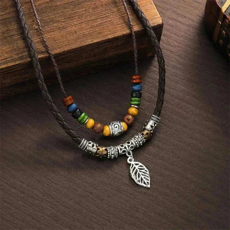 retro ceramic beaded necklace | hollow leaf pendant necklace | layered boho necklace for women | energy saving