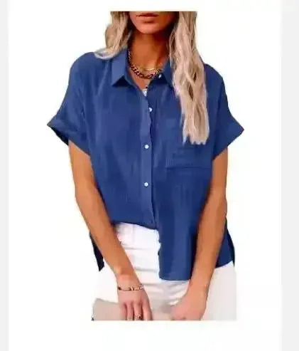 Women's Casual Button Blouse - Loose Fit Short Sleeve Pleated Shirt Top, Solid Color