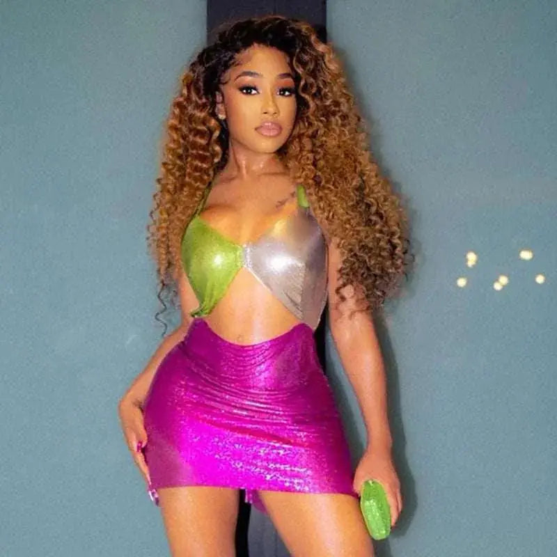 casual halter dress | three-color stitching dress | crop short dress | ultrasonic cleaning