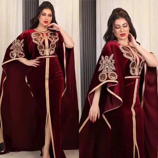 gold velvet evening dress | sequined arabic dress | long sleeve maxi dress | energy saving
