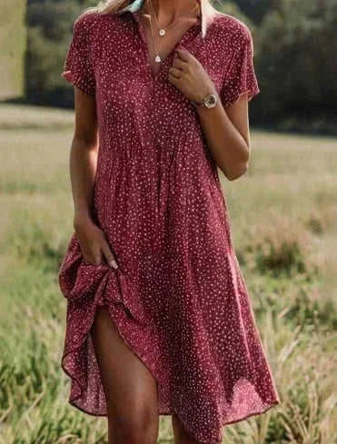 polka-dot summer dress | v-neck short sleeve dress | cotton blend casual dress | ultrasonic cleaning