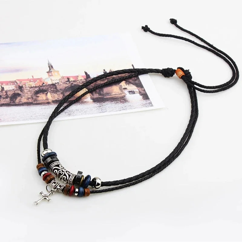 vintage tribal necklace | boho leather jewelry | double layered braided necklace | energy saving