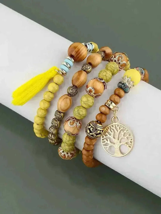 elastic bangle bracelet set | wooden beads jewelry | adjustable tree of life bracelet | ultrasonic cleaning