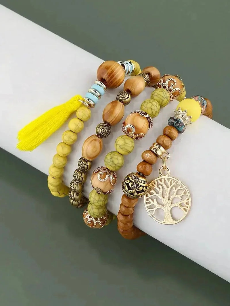 elastic bangle bracelet set | wooden beads jewelry | adjustable tree of life bracelet | ultrasonic cleaning