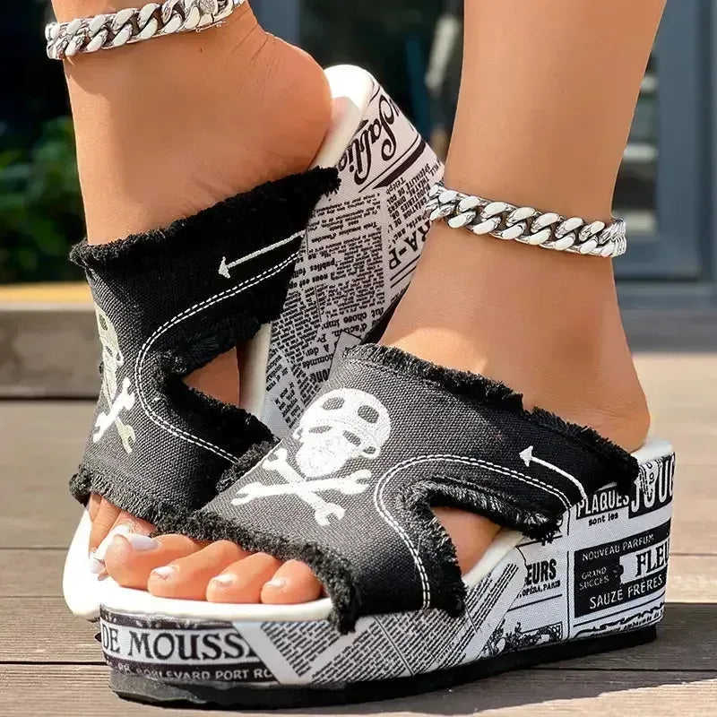 Newspaper Skull Original Hem Platform Wedge Slides - Anklet Not Included Meifu Market