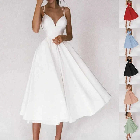 sexy v-neck suspender dress | summer a-line maxi dress | womens long formal dress | ultrasonic cleaning