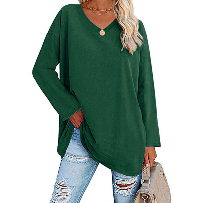 Solid Color Loose Drop Shoulder Sleeve V Neck Long Sleeve Blouse Meifu Market