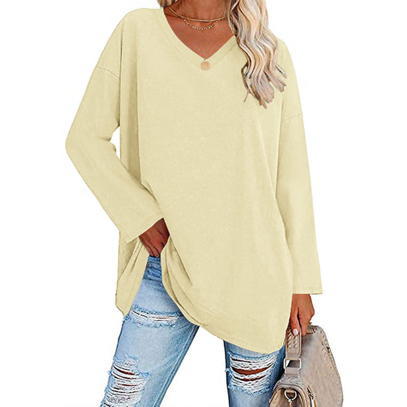 Solid Color Loose Drop Shoulder Sleeve V Neck Long Sleeve Blouse Meifu Market