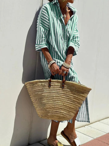 striped shirt dress with belt | half-sleeve button down dress | lapel collar cardigan dress | energy saving