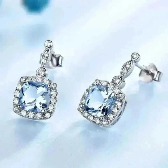 925 Sterling Silver Sky Blue Topaz Jewelry Set - 4 Piece - close-up detail (color: blue, silver | pattern: check)