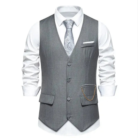 New Men's Solid Color Suit V-neck Single Breasted Chain Vest