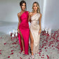 sexy one-shoulder dress | backless slit dress | summer satin dress | energy saving