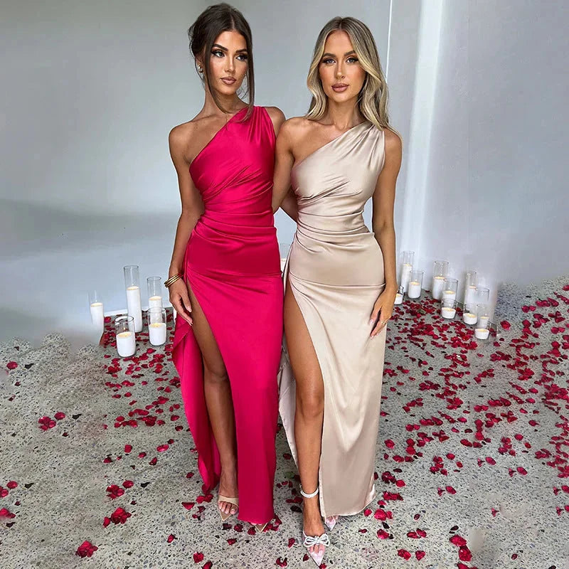 one shoulder satin dress | backless slit evening gown | elegant summer bodycon dress | ultrasonic cleaning