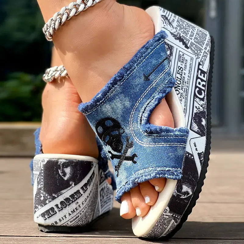 Newspaper Skull Original Hem Platform Wedge Slides - Anklet Not Included Meifu Market