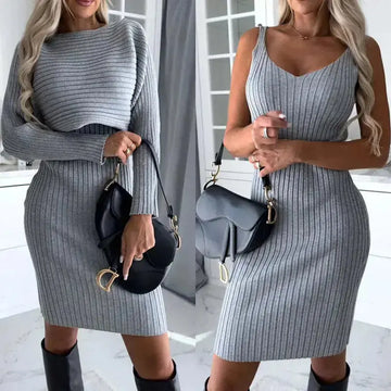 2pcs Suit Women's Solid Stripe Long-sleeved Top And Tight Suspender Skirt Fashion Autumn Winter Slim Clothing Meifu Market