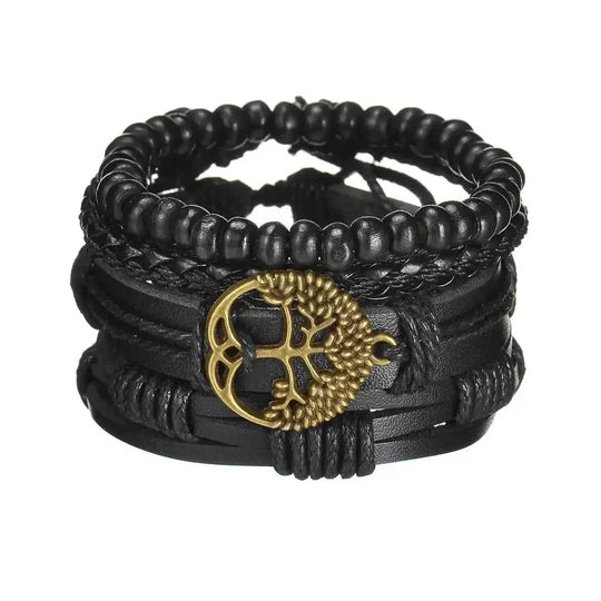 braided leather bracelet for men | vintage charm wood beads | adjustable wrap wristband | energy saving