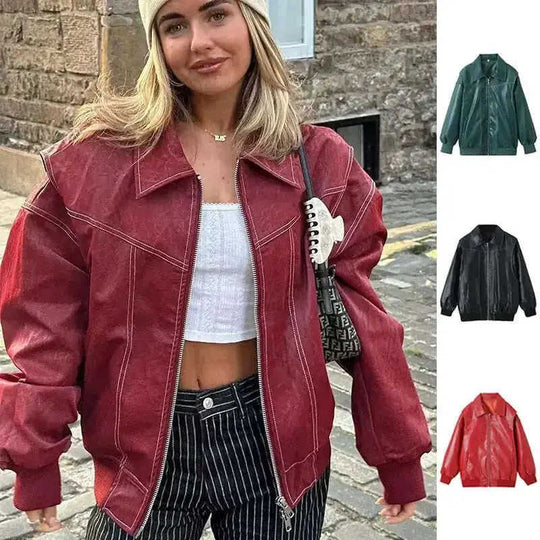 Loose Fashion Lapel Zip-up Jacket Cool Long Sleeve Zipper Closure Moto Biker Leather Jacket Womens Clothing Meifu Market