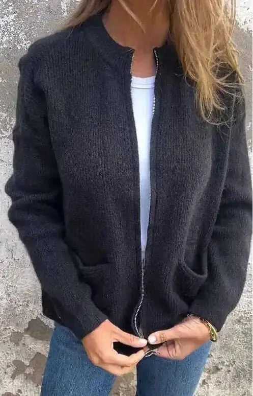 New Solid Color Casual Coat Zipper Sweater Cardigan Brown - size and dimension reference