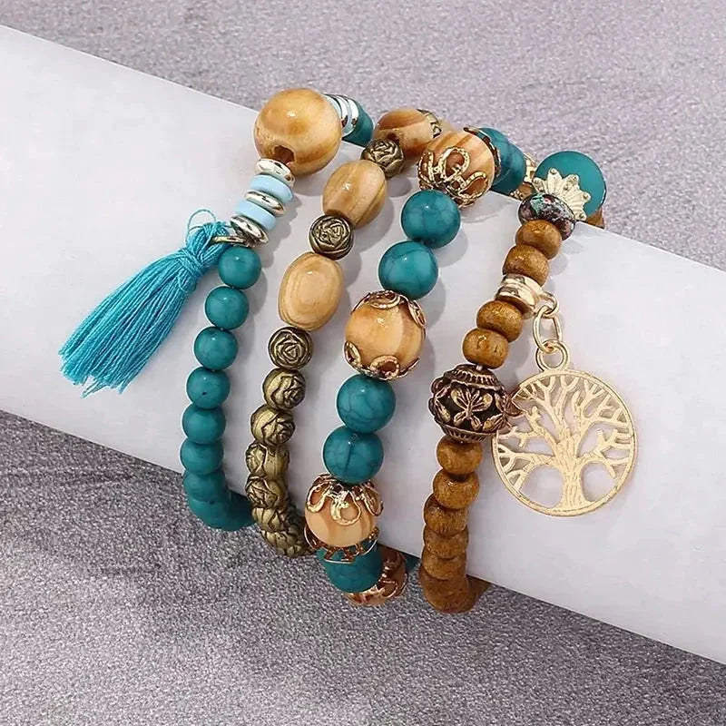 elastic bangle bracelet set | wooden beads jewelry | adjustable tree of life bracelet | energy saving