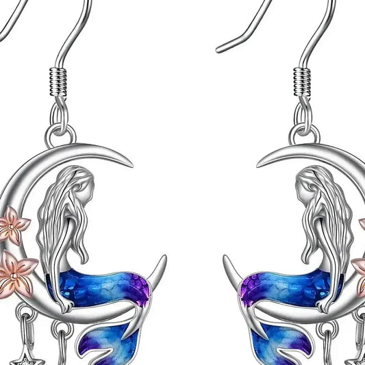 925 Sterling Silver Mermaid Earrings - Crescent Moon Dangle Drop with Zircon Crystals