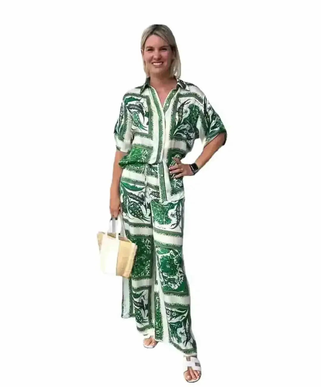 stretch-fabric printed pantsuit | office-to-evening outfit | free shipping today | energy saving