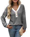 Women's V-neck Buttons Pullover Patchwork Casual Long-sleeved Top Meifu Market
