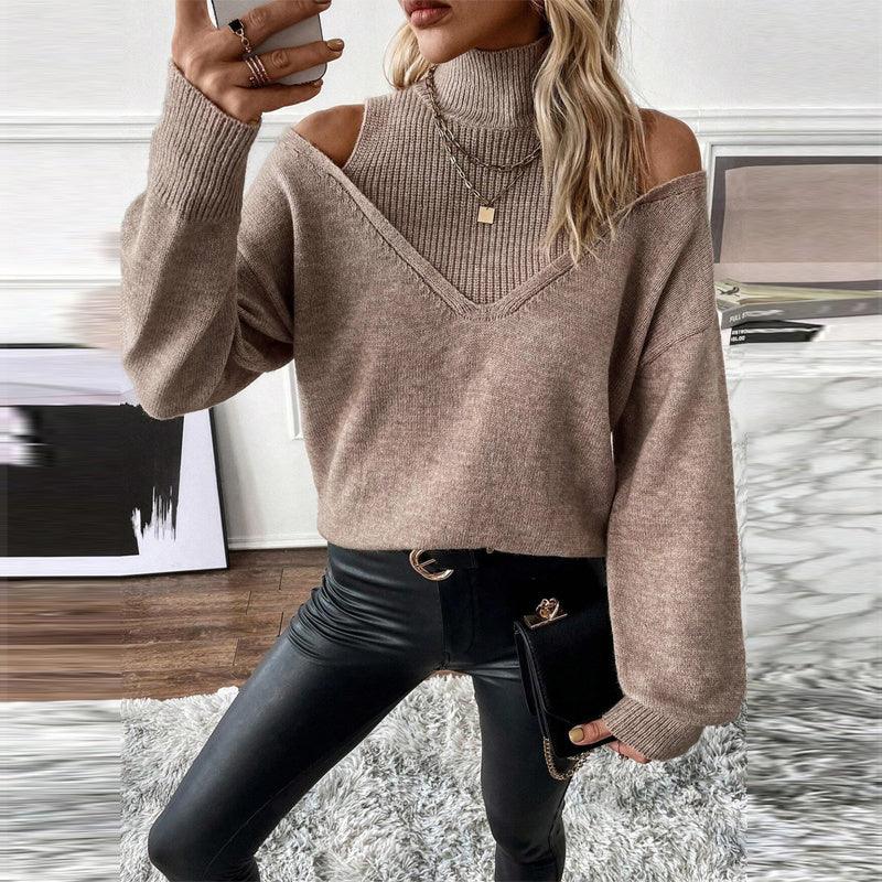 Women's Elegant Off-Shoulder Turtleneck Sweater, Solid Color Long Sleeve Knit Top For Autumn & Winter Meifu Market