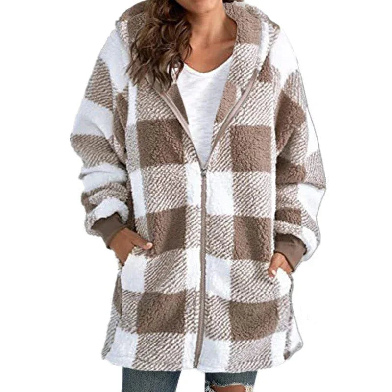 Women's Plaid Hooded Jacket, Long Sleeve Zip Up Oversized Coat With Pockets For Winter Casual And Commute Meifu Market