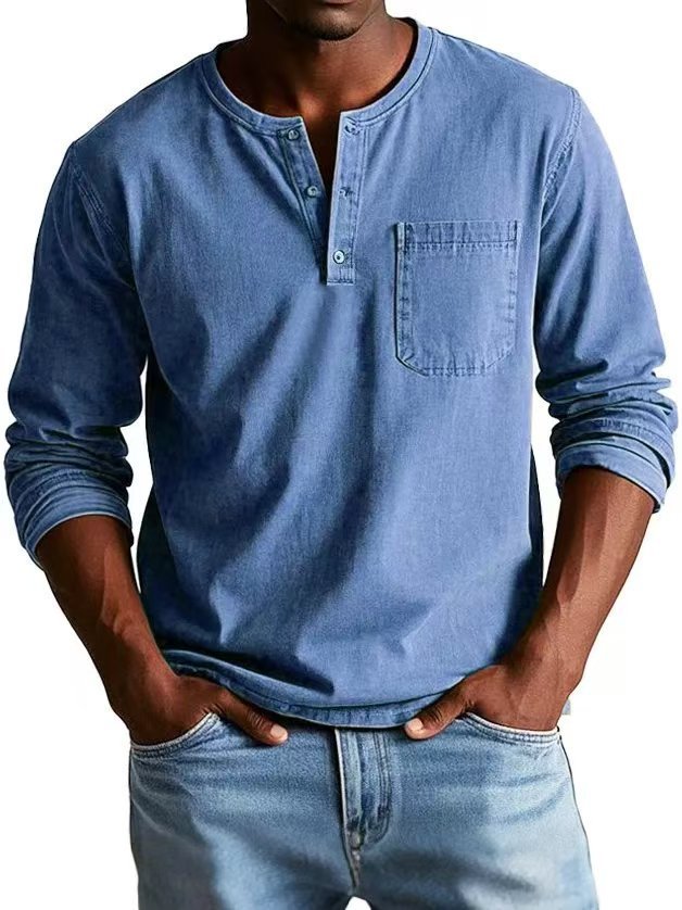 V-neck Long-sleeved T-shirt With Button Design Fashion Casual Solid Color Pullover Top Men's Clothing Meifu Market
