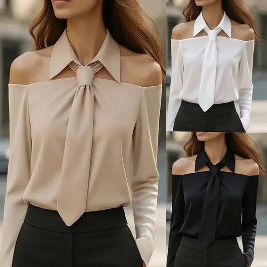 Women's Solid Color Long Sleeve Shirt With Tie And Lapel Collar, Casual & Elegant Blouse For Office And Formal Wear