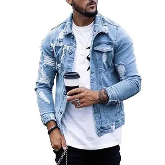 ripped denim jacket for men | irregular wash distressed jacket | vintage style trucker jacket | ultrasonic cleaning