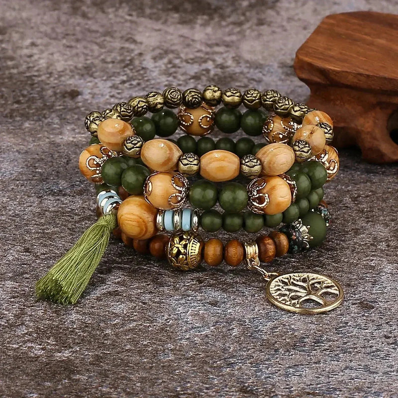 elastic bangle bracelet set | wooden beads jewelry | adjustable tree of life bracelet | energy saving
