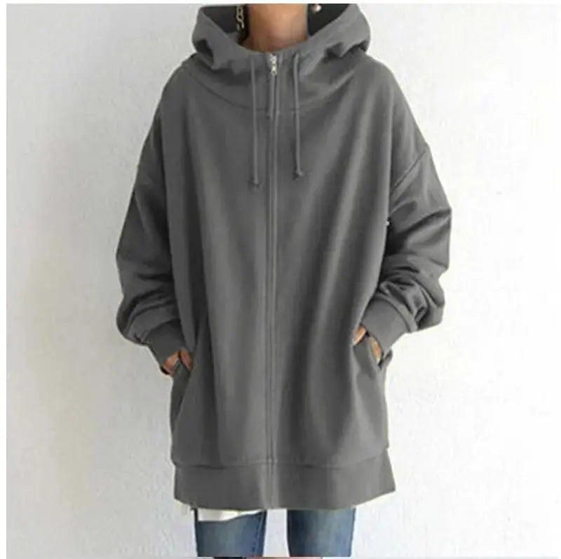 Oversized S-5XL Women Loose Hooded Coats Autumn Female Tie Collar Long Sleeve Zipper Up Add Velvet Long Sweatshirt Meifu Market