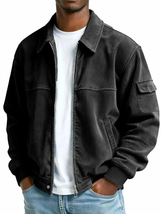 Men's Retro Corduroy Jacket - Casual Long Sleeve Pocket Coat Navy Blue - available style options