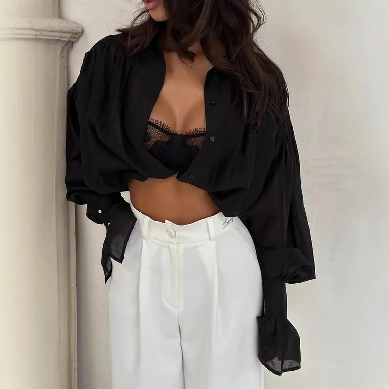 Ins French Lantern Sleeve Shirt Fashion Button Lapel Long Sleeved Tops Casual Women's Clothing Meifu Market