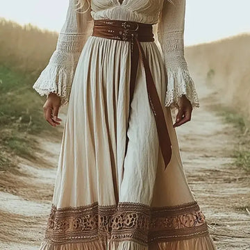 Boho Chic Maxi Dress, Women's Vintage-Inspired Lace Trim With Deep V-Neck Elegant Dress, No Belt Included