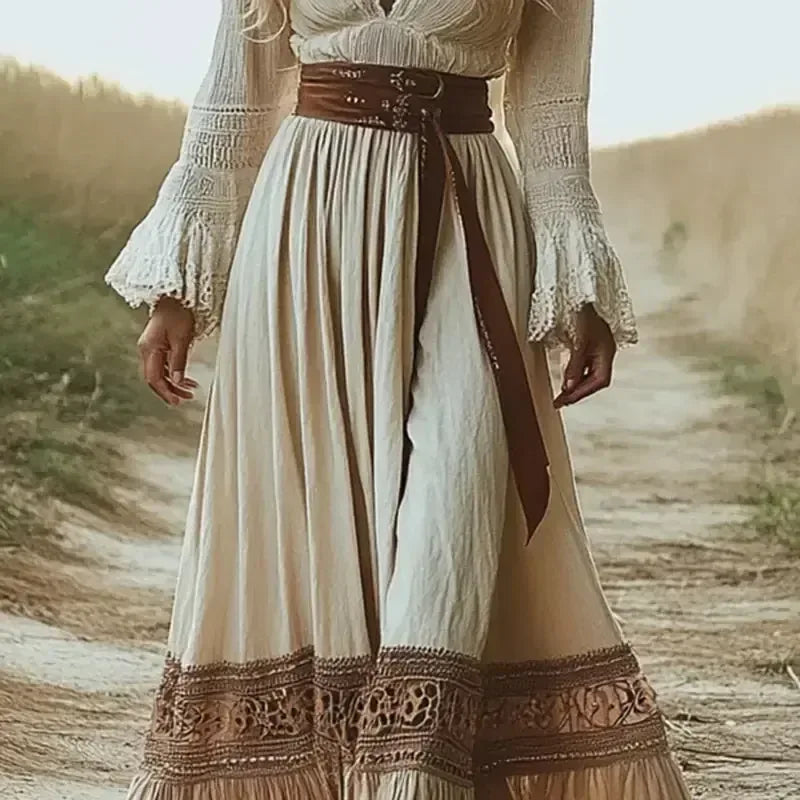 Boho Chic Maxi Dress, Women's Vintage-Inspired Lace Trim With Deep V-Neck Elegant Dress, No Belt Included - Meifu Market
