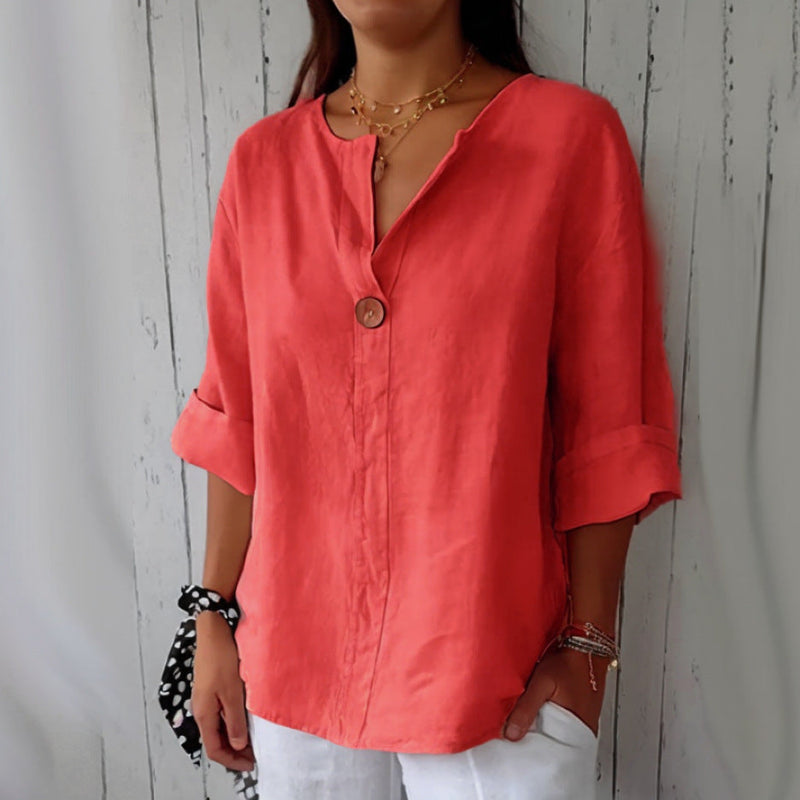 V-neck Long-sleeved T-shirt Fashion Loose Cotton And Linen Button Tops For Women Meifu Market